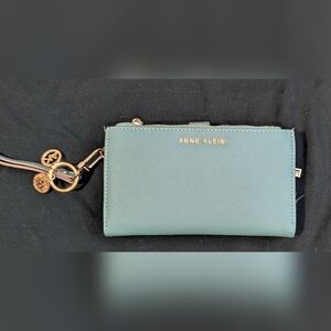 Anne Klein Mint Green Saffiano Wristlet Wallet with Gold Accents